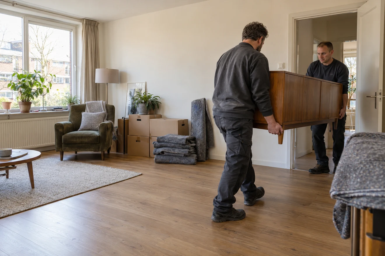 Twee medewerkers dragen een houten kastje uit een woning.
