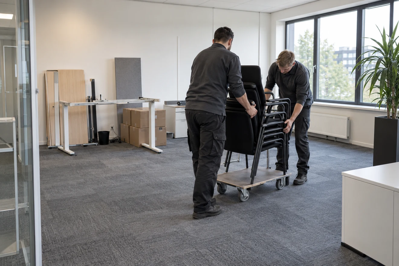 Kantoorstoelen worden met een transportwagen verplaatst.